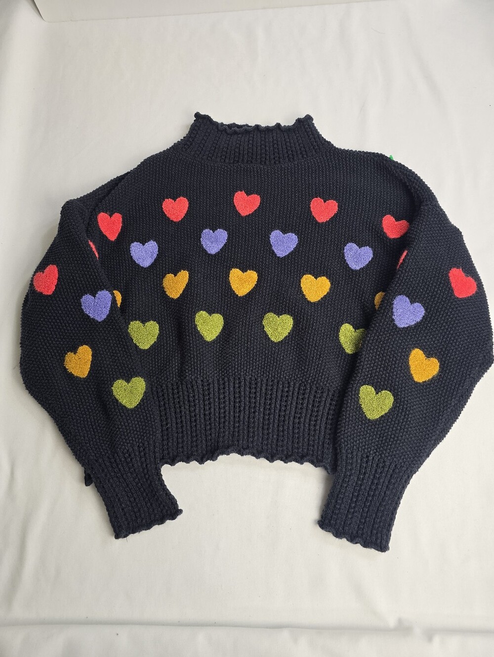 Anthropologie Black Multicolor Heart Sweater Mock Neck Chunky Knit Hearts - Picture 1 of 6